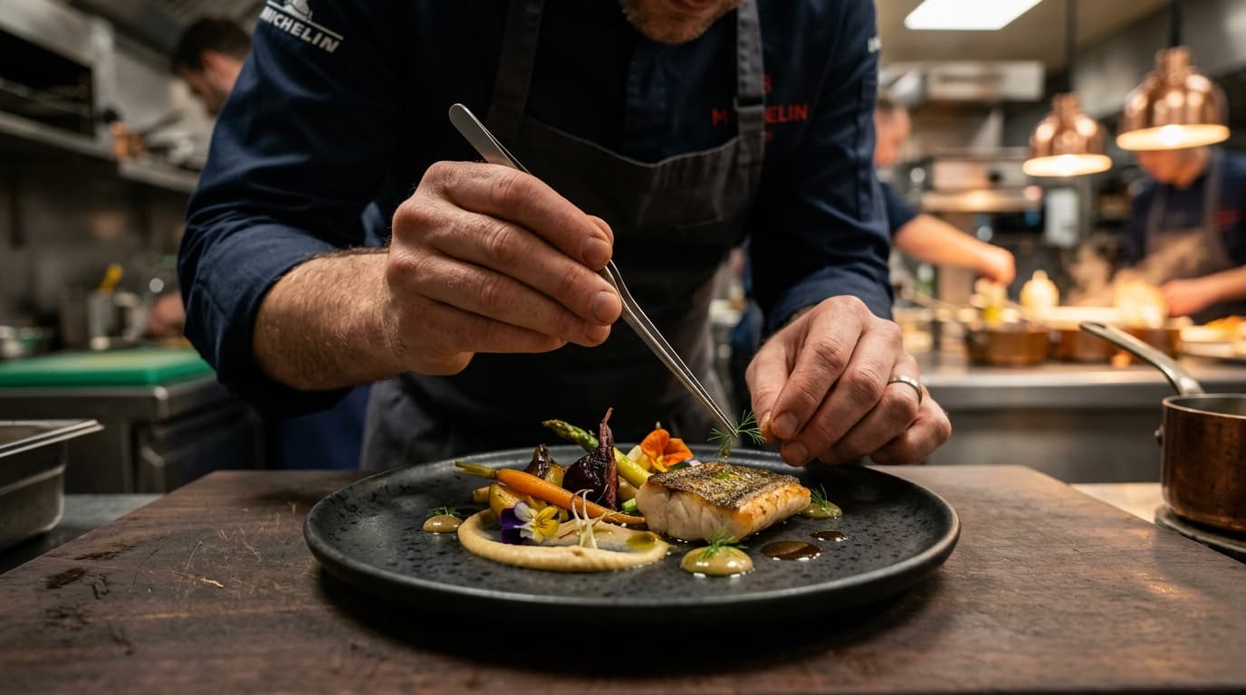 Chef étoilé dressant un plat